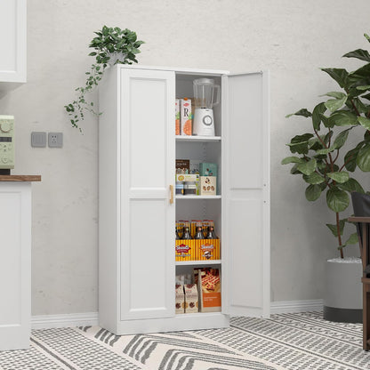 60" White Metal Pantry Cabinet with 2 Doors, Gold Handles, Adjustable Shelves, Freestanding Kitchen and Living Room Storage