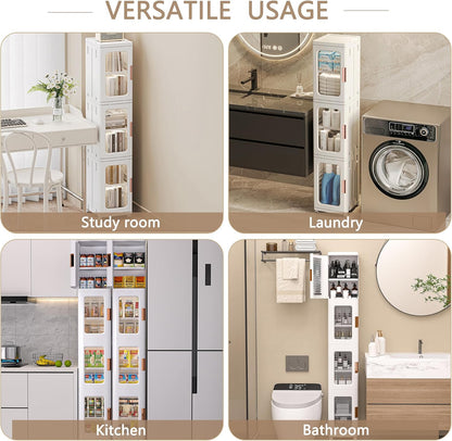 4-Tier White Plastic Tall Storage Cabinet with Wheels, Adjustable Shelves, Magnetic Doors for Bathroom, Kitchen, Laundry