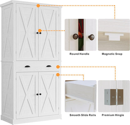 72.6" White Kitchen Pantry Cabinet with Barn Doors, Drawer, 4 Adjustable Shelves, Freestanding Cupboard for Laundry
