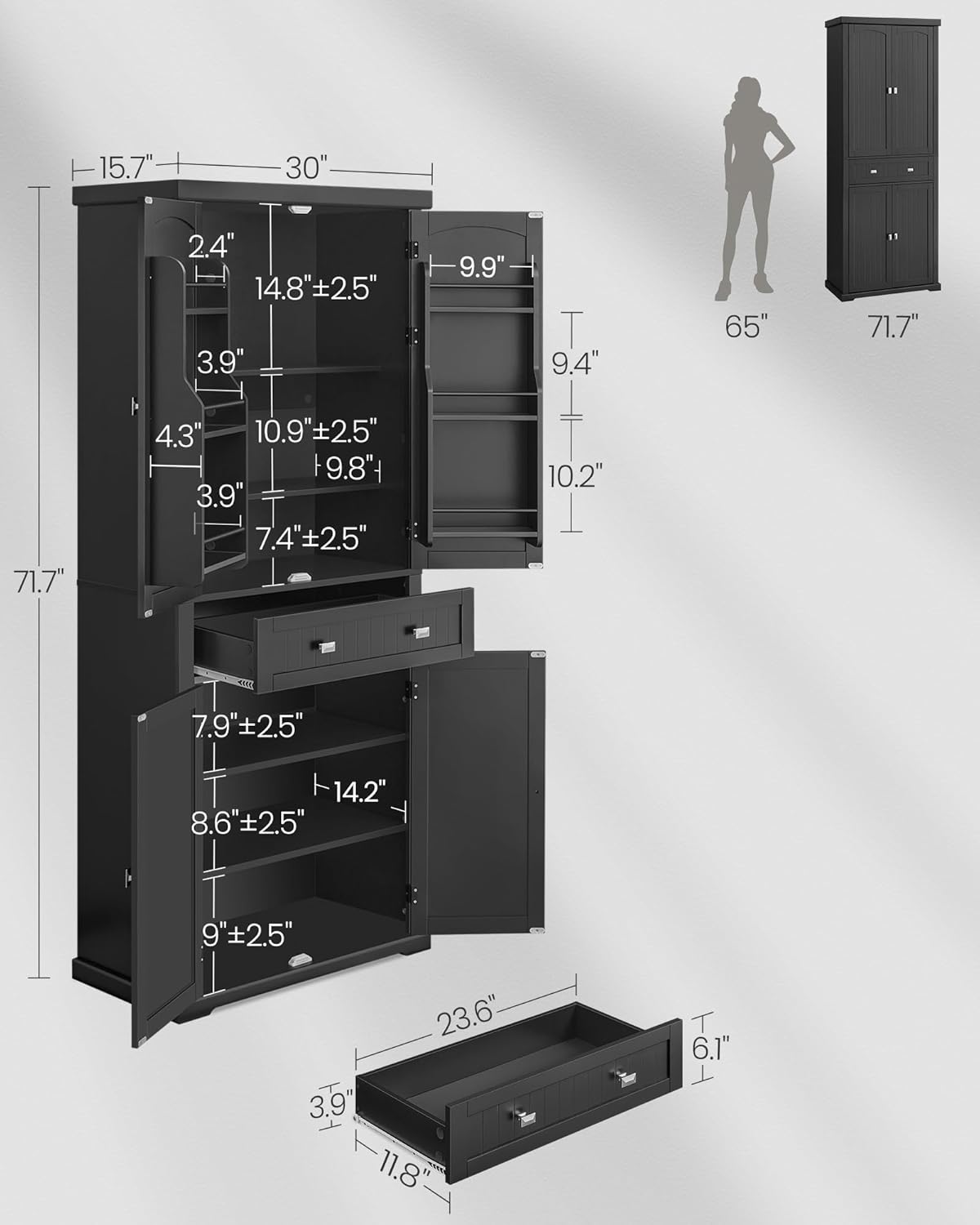 71.7" Ink Black Freestanding Pantry Cabinet with Drawer, 2 Cabinets, 4 Adjustable Shelves, 6 Door Shelves for Kitchen and Living Room