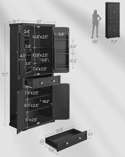 71.7" Ink Black Freestanding Pantry Cabinet with Drawer, 2 Cabinets, 4 Adjustable Shelves, 6 Door Shelves for Kitchen and Living Room