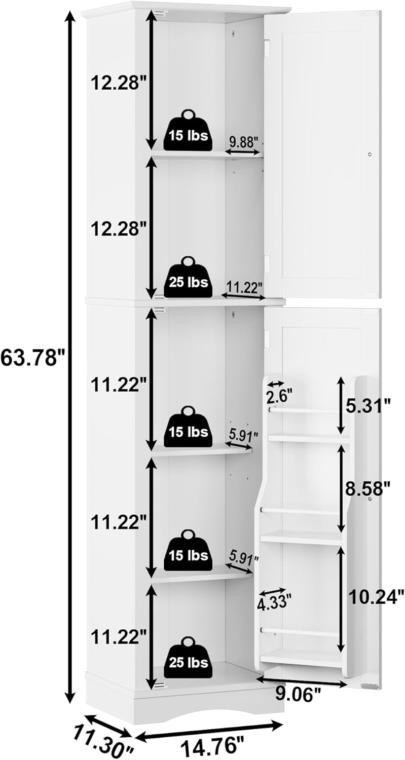 64" White Slim Bathroom and Kitchen Pantry Cabinet with Door Storage, Adjustable Shelves, Freestanding Wood Cabinet for Living and Dining Room