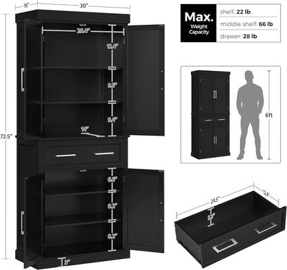 72.5" Black Freestanding Pantry Cabinet with Drawer and 2 Adjustable Shelves for Kitchen, Dining, Bathroom, Hallway