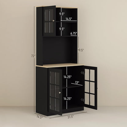 72" Black Freestanding Kitchen Pantry Cabinet with Hutch, Glass Doors, Large Countertop, Adjustable Shelves for Dining Room