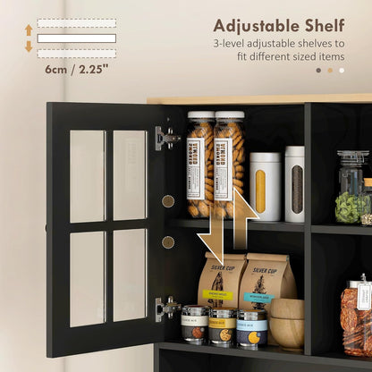 72" Black Freestanding Kitchen Pantry Cabinet with Hutch, Glass Doors, Large Countertop, Adjustable Shelves for Dining Room