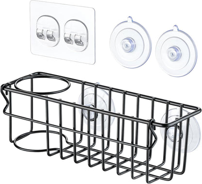 3-in-1 Kitchen Sink Sponge Holder, Hanging Caddy Organizer Rack for Sponge, Dish Cloth, Brush, Scrubber, 304 Stainless Steel, Black, Suction Cup & Adhesive Hook Options