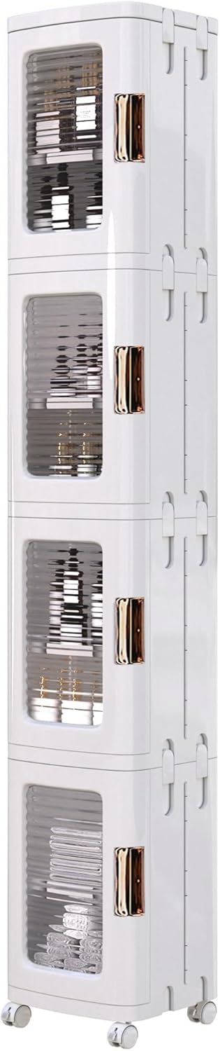 4-Tier White Plastic Tall Storage Cabinet with Wheels, Adjustable Shelves, Magnetic Doors for Bathroom, Kitchen, Laundry