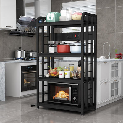 4-Tier Bakers Rack with Power Outlet, Microwave Stand, Freestanding Kitchen Storage Rack, Coffee Bar, Black