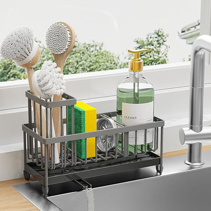 Black Kitchen Sink Sponge Holder Caddy, Rustproof 304 Stainless Steel with Brush & Soap Organizer